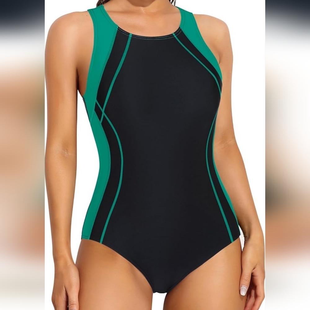Black and Green One Piece Swimsuit with Racerback